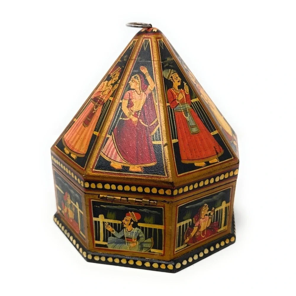 Antique Indian‎ Mughal Hand Painted Octagon Marriage Trinket Jewelry Box